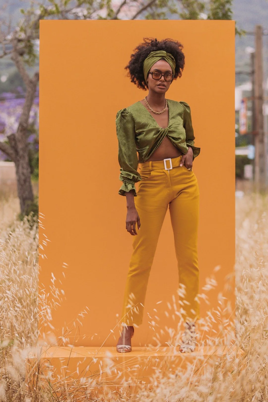 Green Satin Square Head Scarf and Y2K Top - Image 3