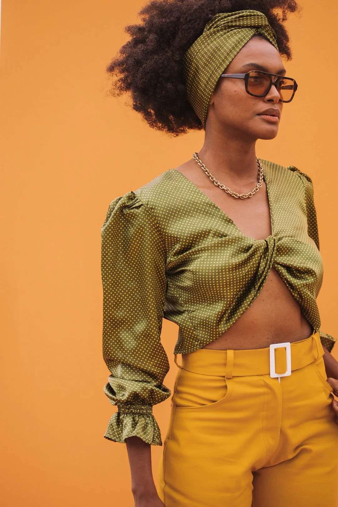 Green Satin Square Head Scarf and Y2K Top - Image 7