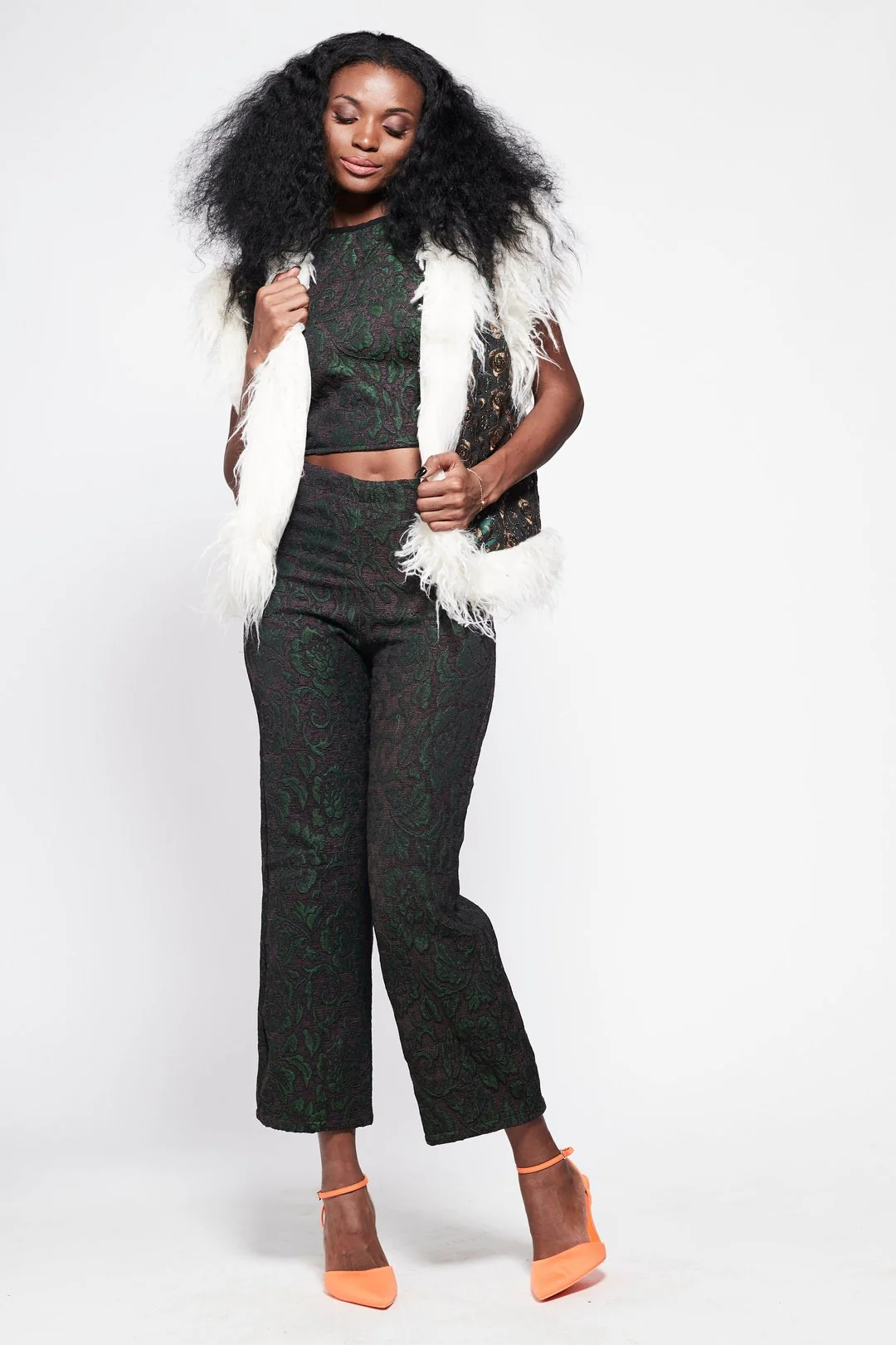 JONI Waistcoat - Afghan Style Dark Green Embroidered Sequin Gilet Fur Trim - Image 3