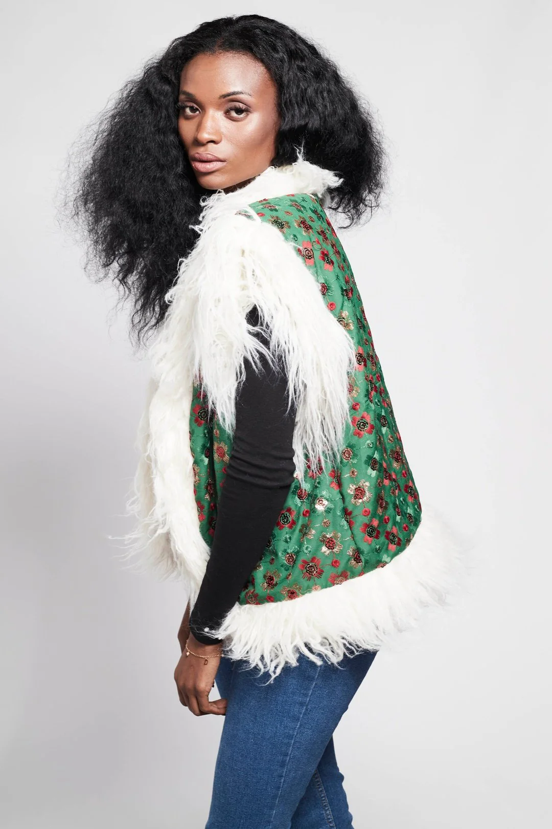 JONI Waistcoat - Afghan Style Emerald Green Embroidered Gilet Fur Trim - Image 3