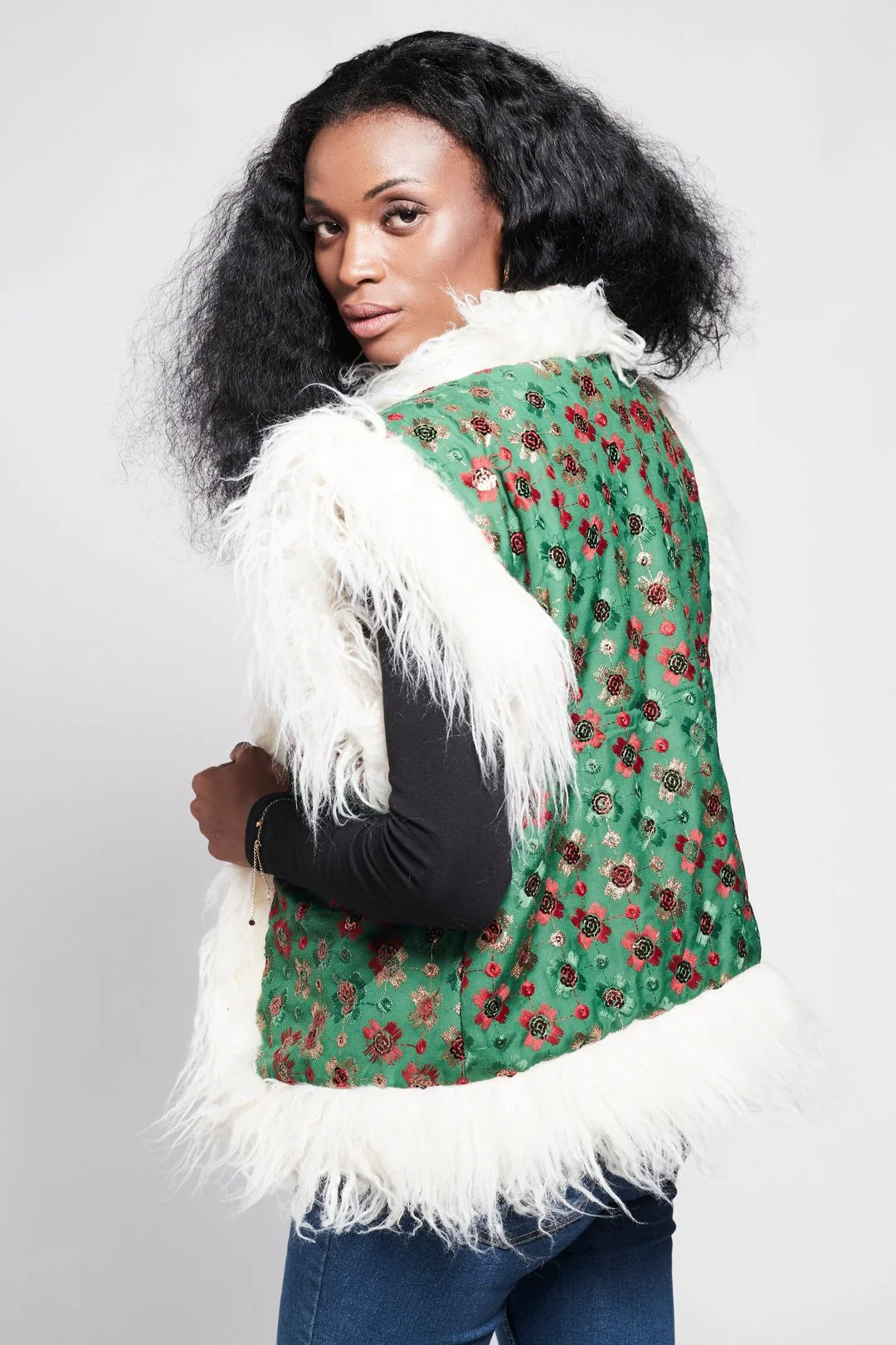 JONI Waistcoat - Afghan Style Emerald Green Embroidered Gilet Fur Trim - Image 4