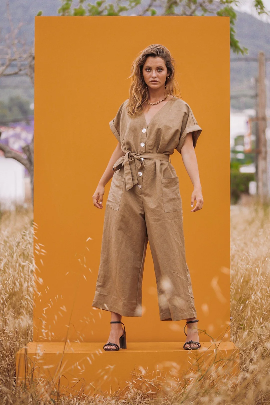 LORI Linen Khaki Green Button front Jumpsuit - Image 3