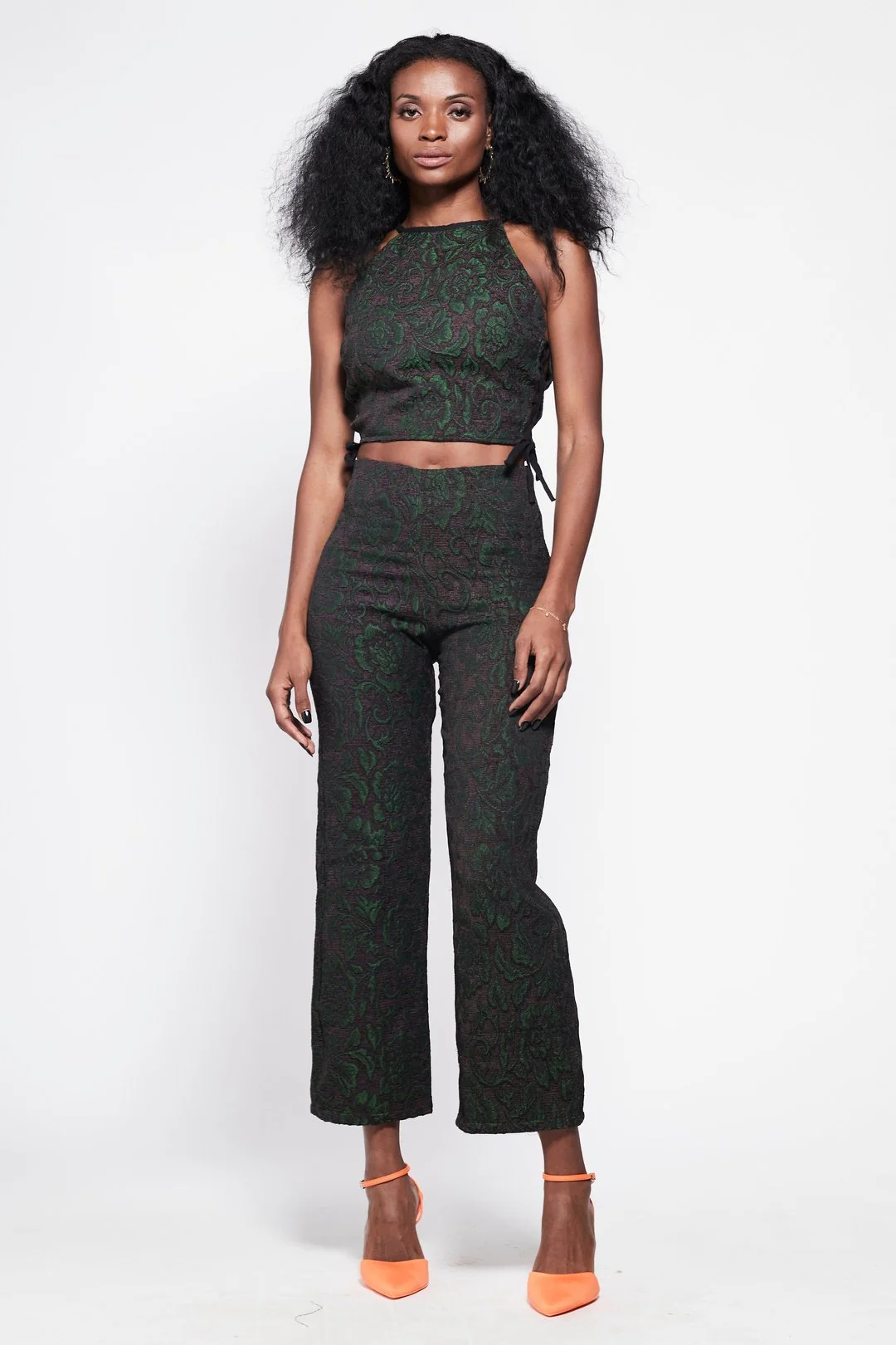 TULSI - Crop Top Purple with Side Tie Detail and Green Rose Brocade - Image 3