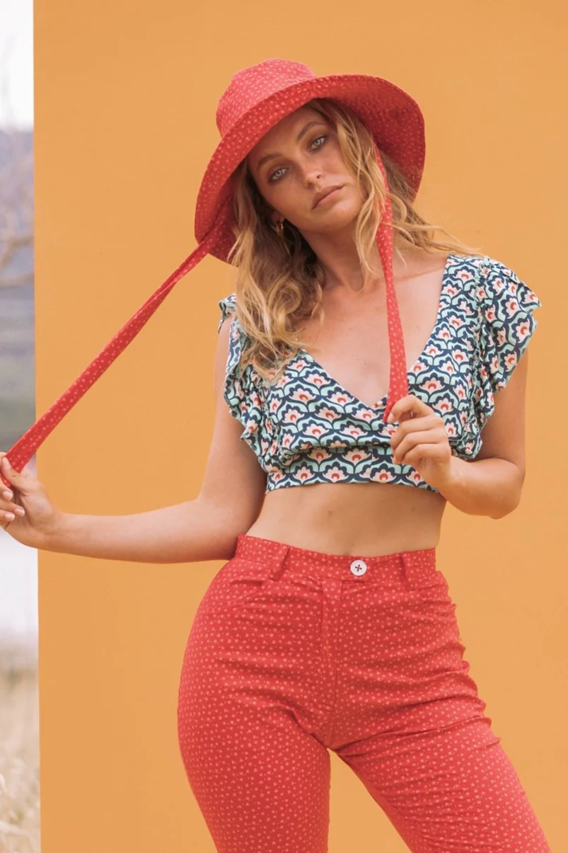 ZOE Blue and Red Tile Print Crop Top - Image 3