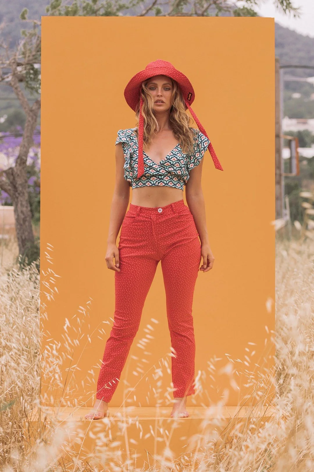 ZOE Blue and Red Tile Print Crop Top - Image 4