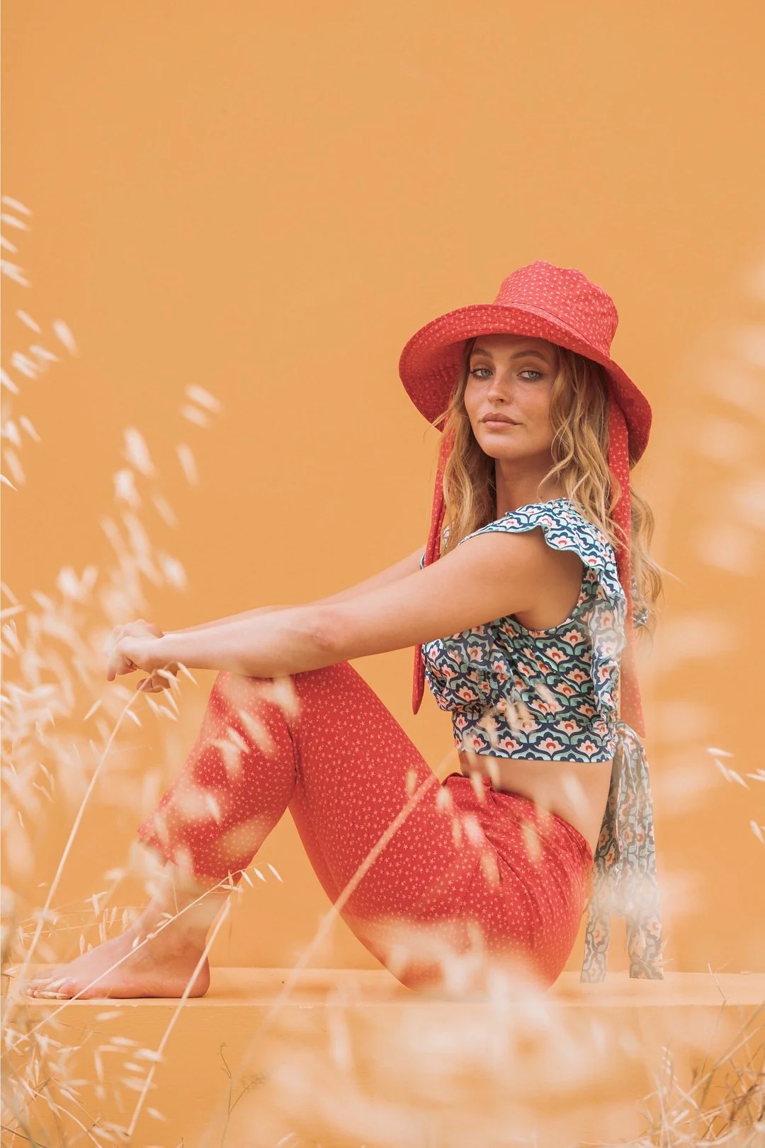 ZOE Blue and Red Tile Print Crop Top - Image 5